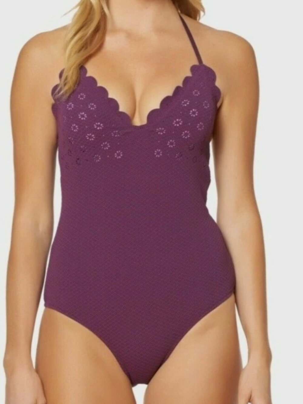 NWT Jessica Simpson Swimsuit 1 one piece Sz S Deep Plum Sea Scalloped